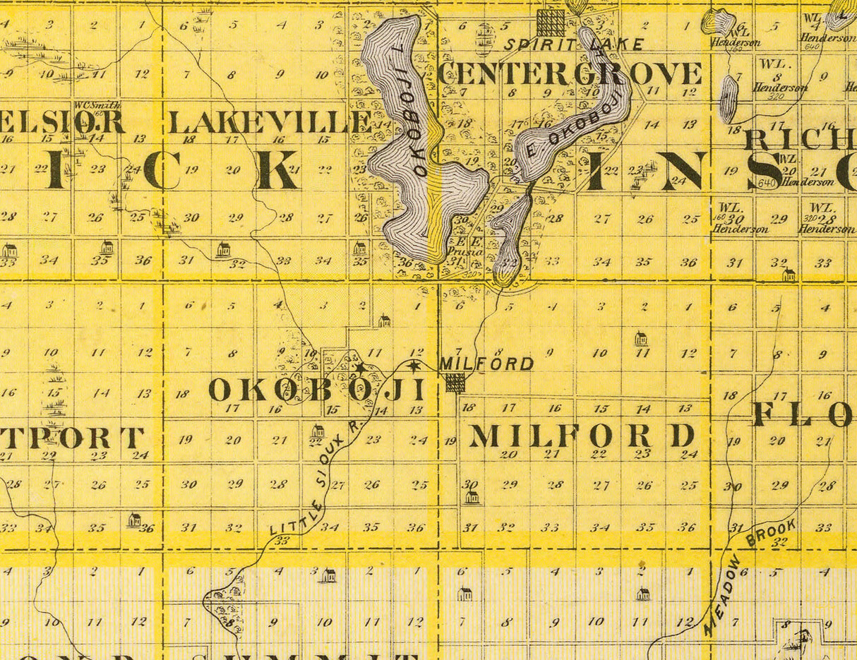 1875 Map of Lyon Osceola Dickinson Sioux Obrien and Clay County Iowa