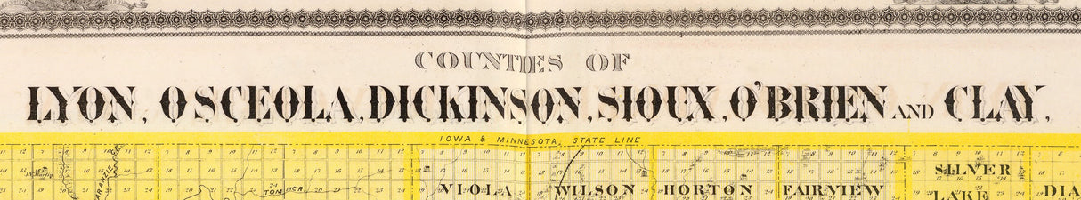 1875 Map of Lyon Osceola Dickinson Sioux Obrien and Clay County Iowa