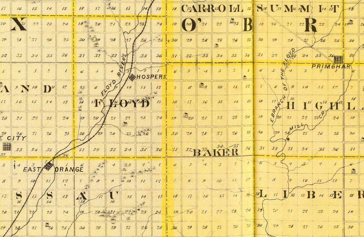 1875 Map of Lyon Osceola Dickinson Sioux Obrien and Clay County Iowa