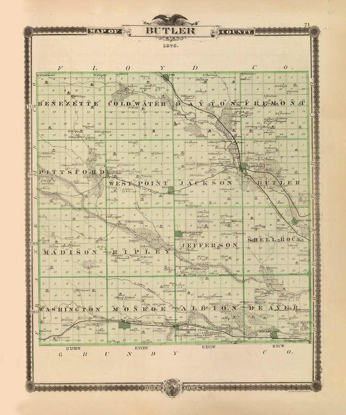 1875 Map of Butler County Iowa