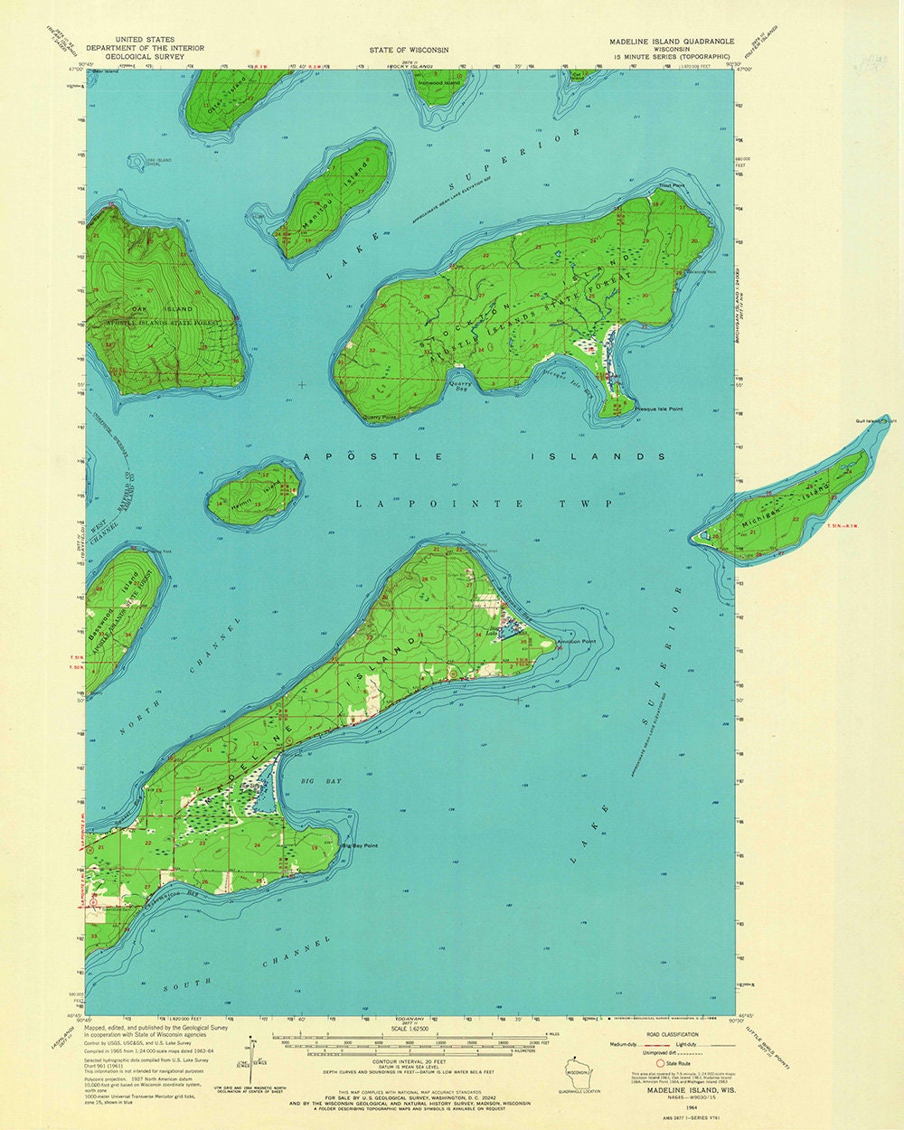 1964 Topo Map of Madeline Island Lake Superior Apostle Islands