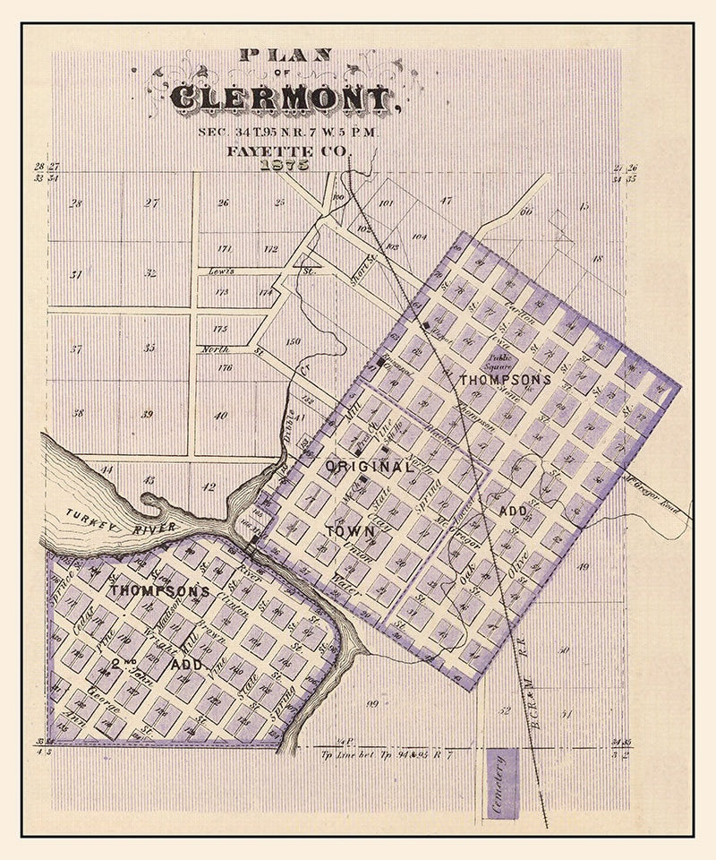 1875 Town Map of Clermont Fayette County Iowa