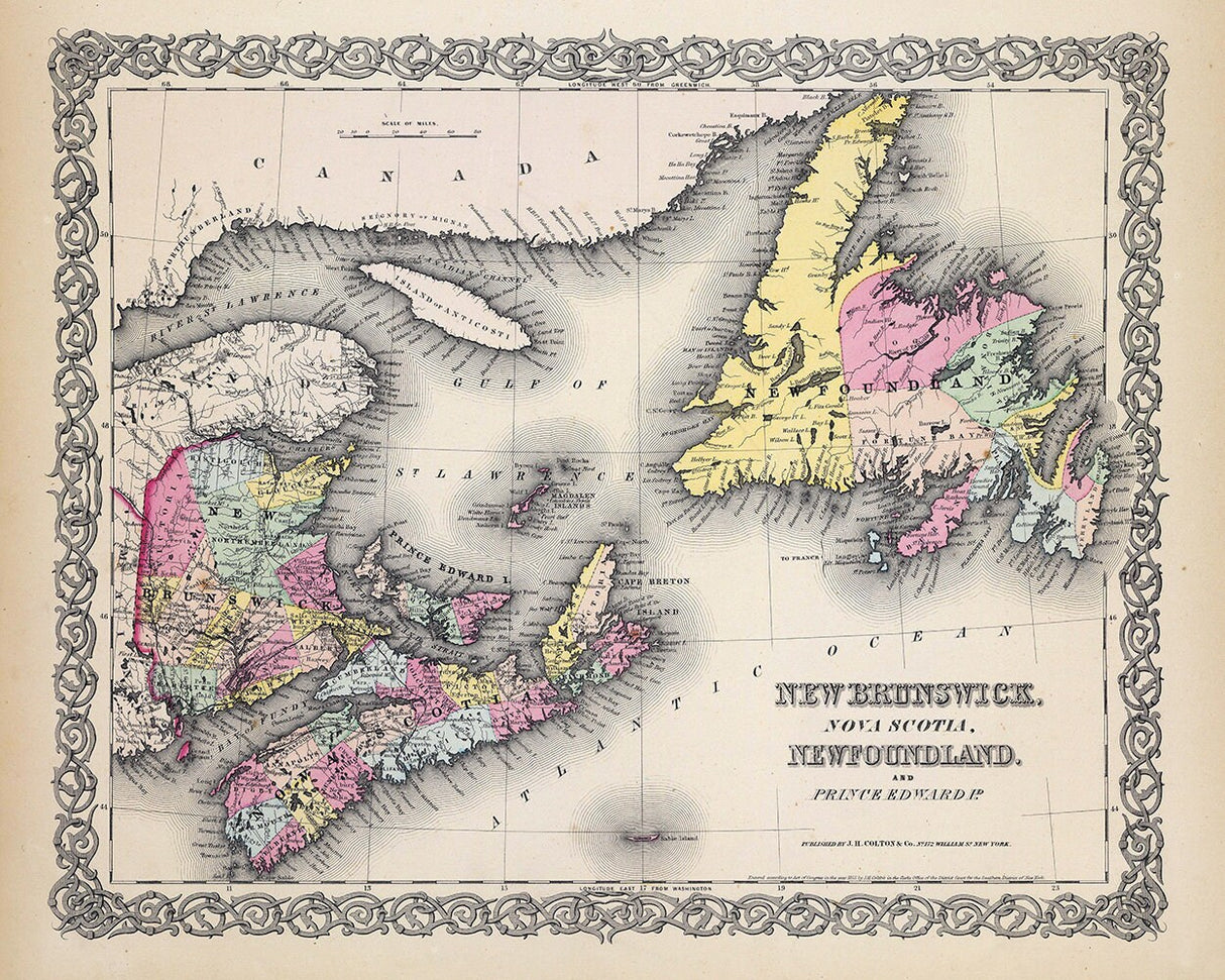 1856 Map of New Brunswick Nova Scotia Newfoundland and Prince Edward Island