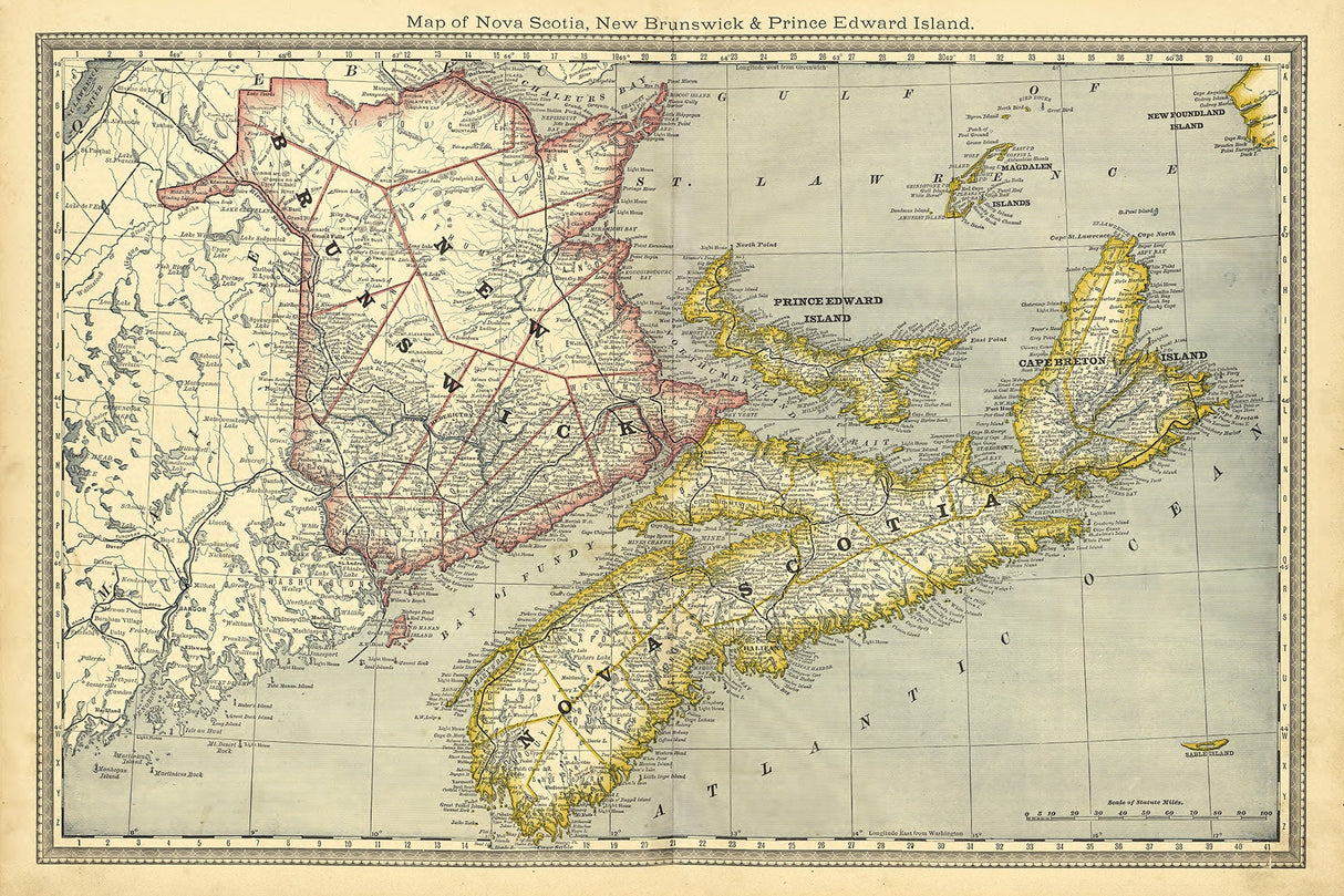 1881 Map of Nova Scotia New Brunswick and Prince Edward Island Canada