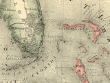 1881 Map of the West Indies Cuba Jamaica Puerto Rico