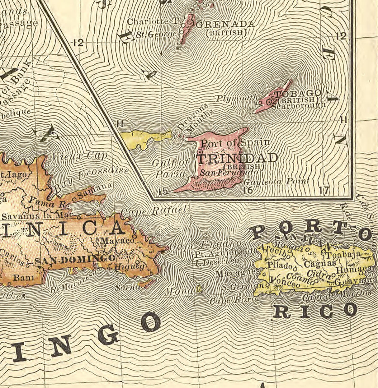 1881 Map of the West Indies Cuba Jamaica Puerto Rico