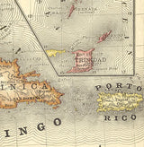 1881 Map of the West Indies Cuba Jamaica Puerto Rico