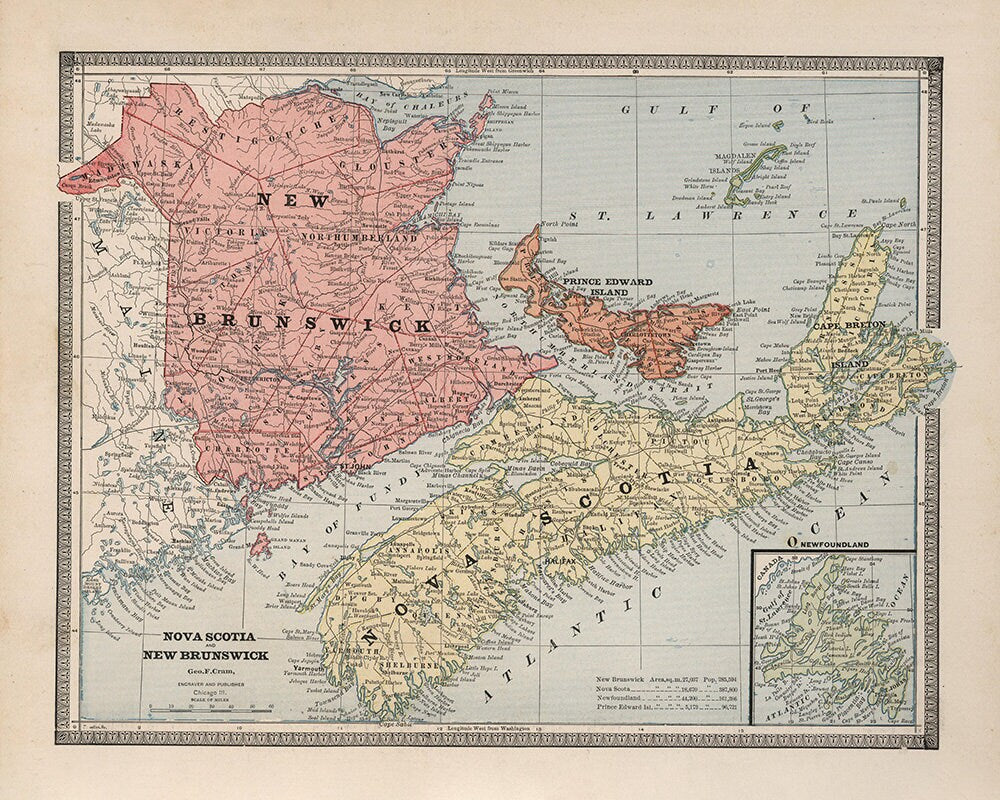 1883 Map of Nova Scotia and New Brunswick Canada