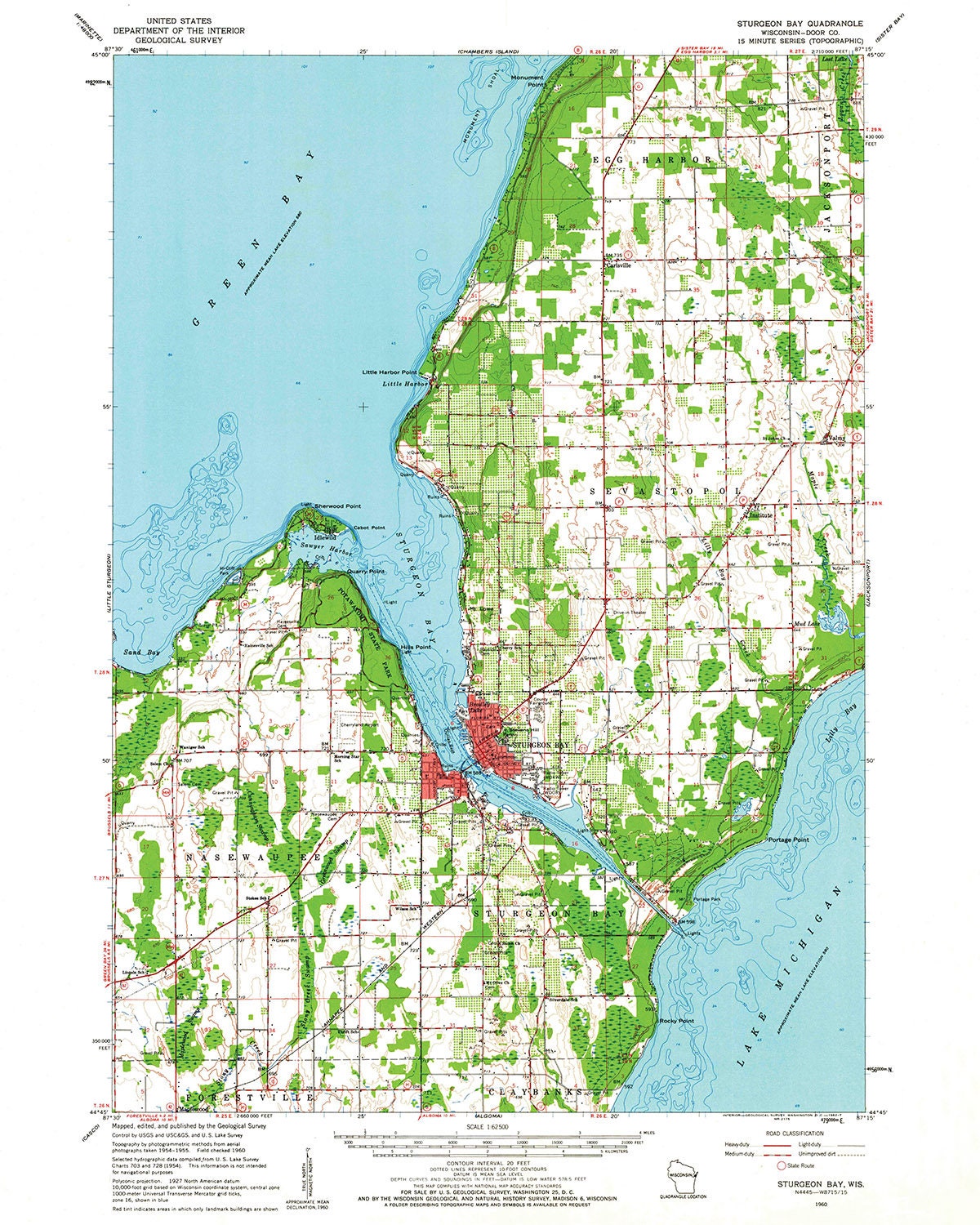1960 Topo Map of Sturgeon Bay Door County Wisconsin