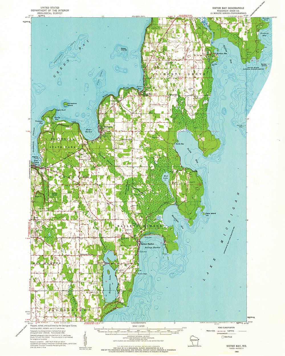 1960 Topo Map of Sister Bay Door County Wisconsin Baileys Harbor