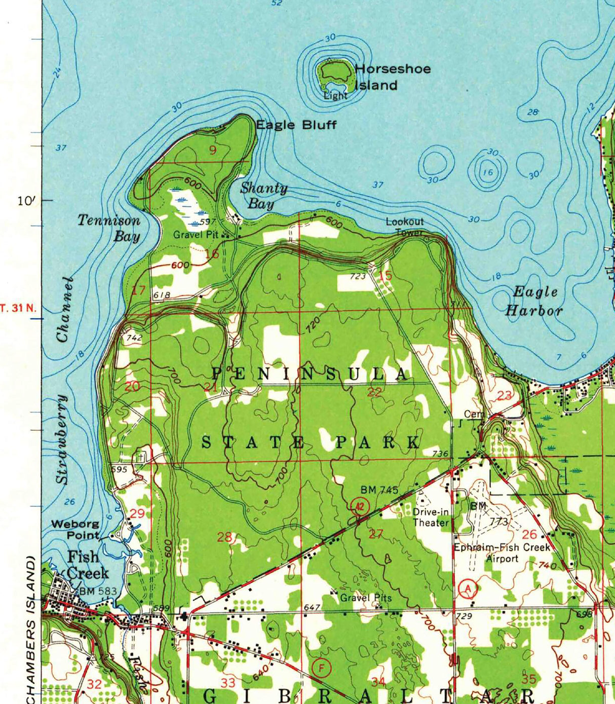1960 Topo Map of Sister Bay Door County Wisconsin Baileys Harbor