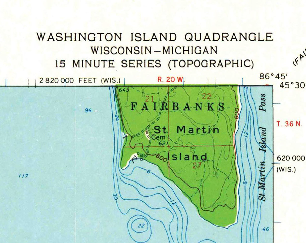 1960 Topo Map of Washington Island Door County Wisconsin