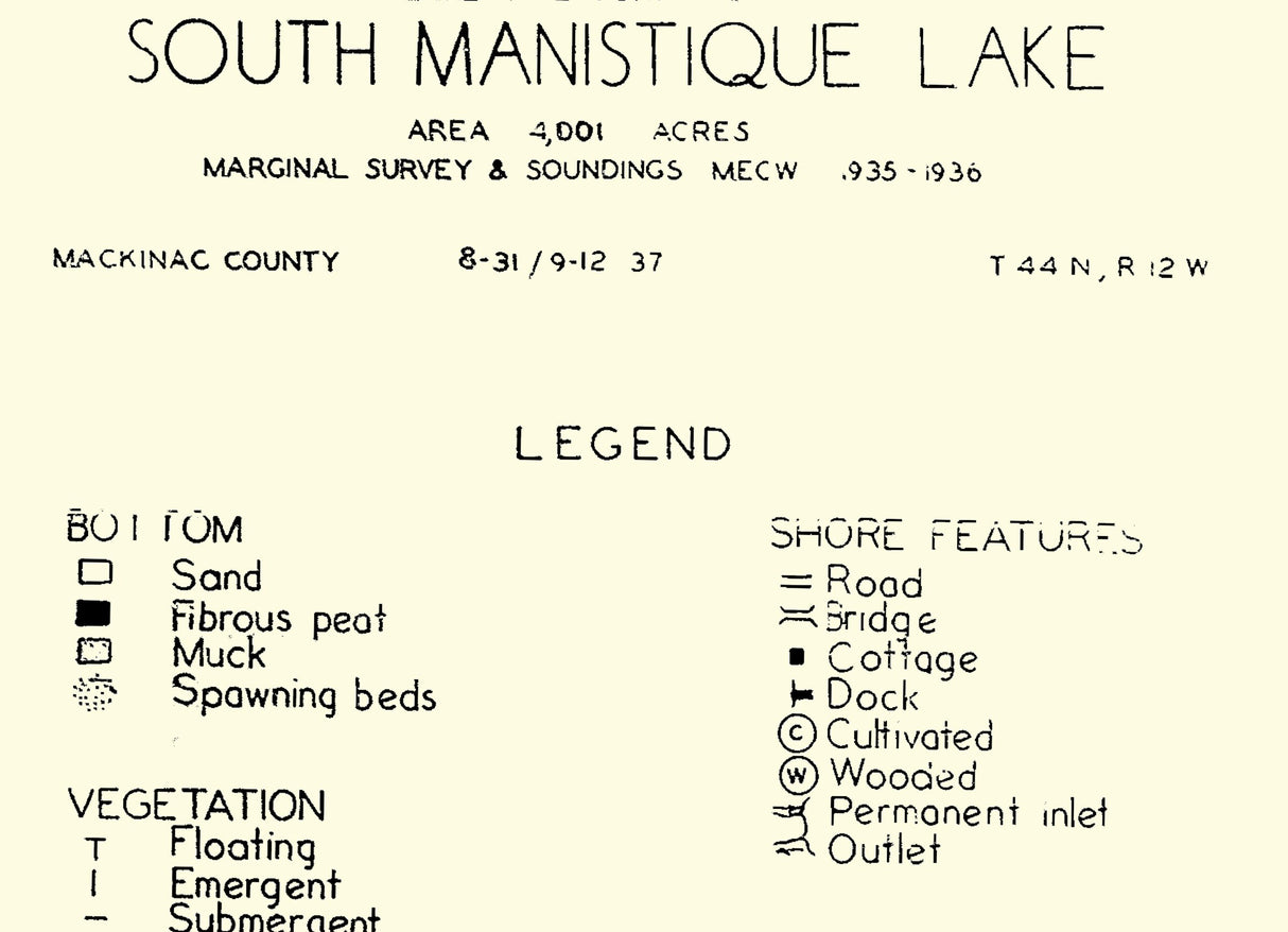 1937 Map of South Manistique Lake Mackinac County Michigan