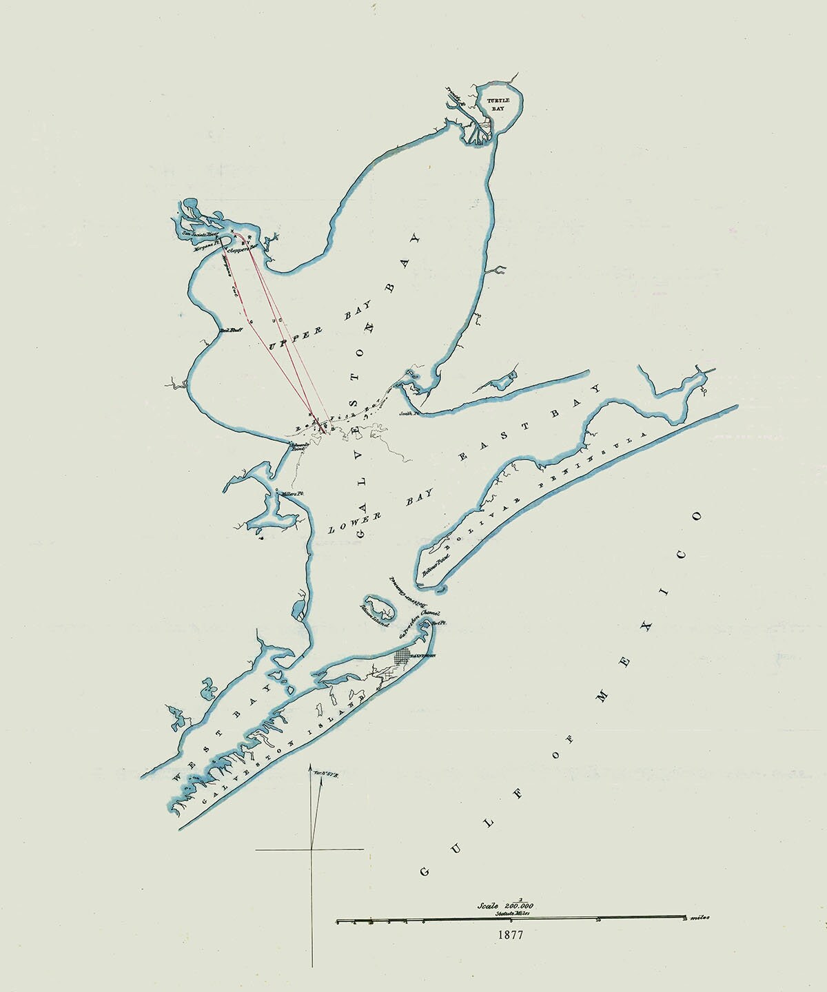 1877 Map of Galveston Bay Texas