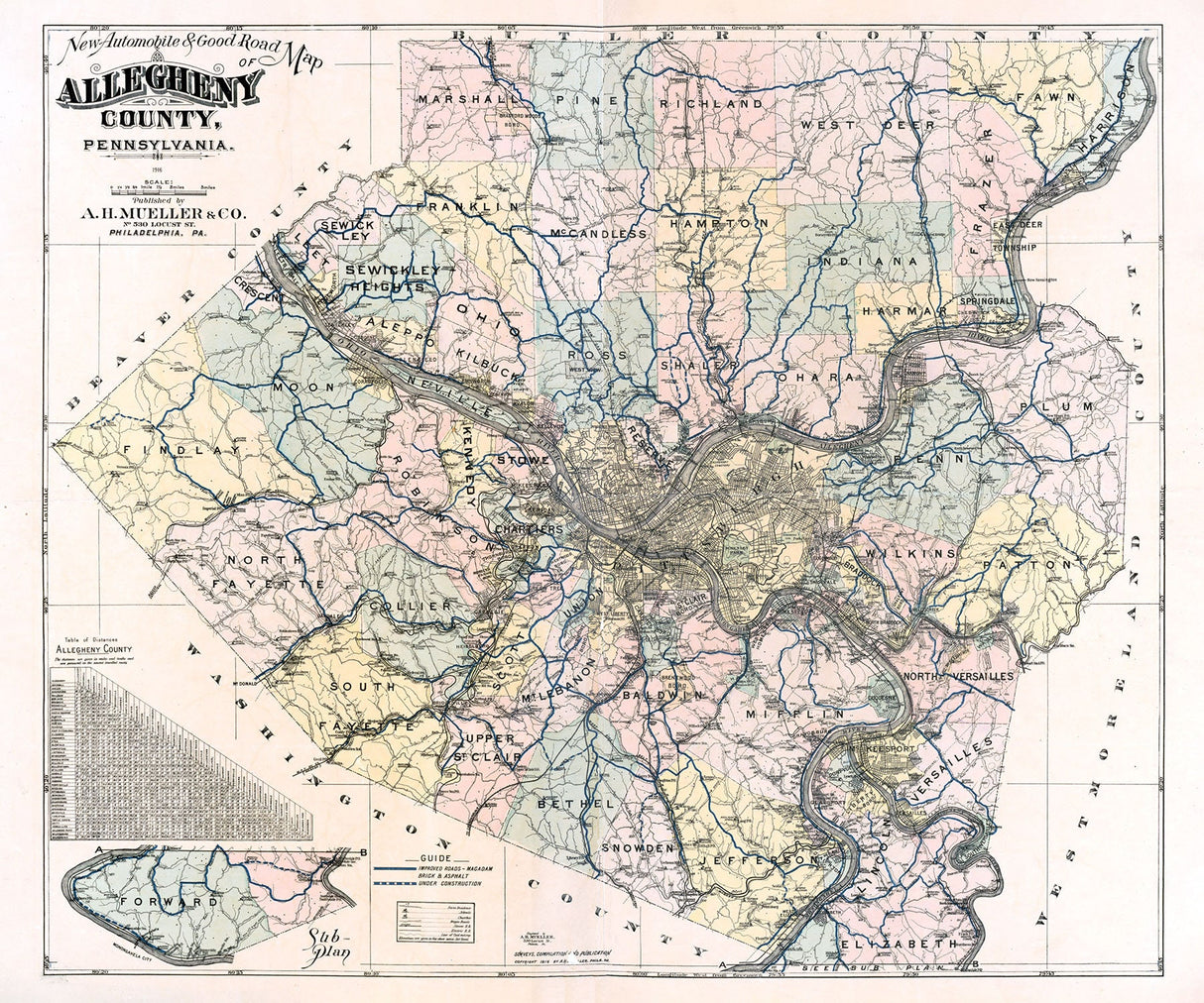 1916 Map of Allegheny County Pennsylvania