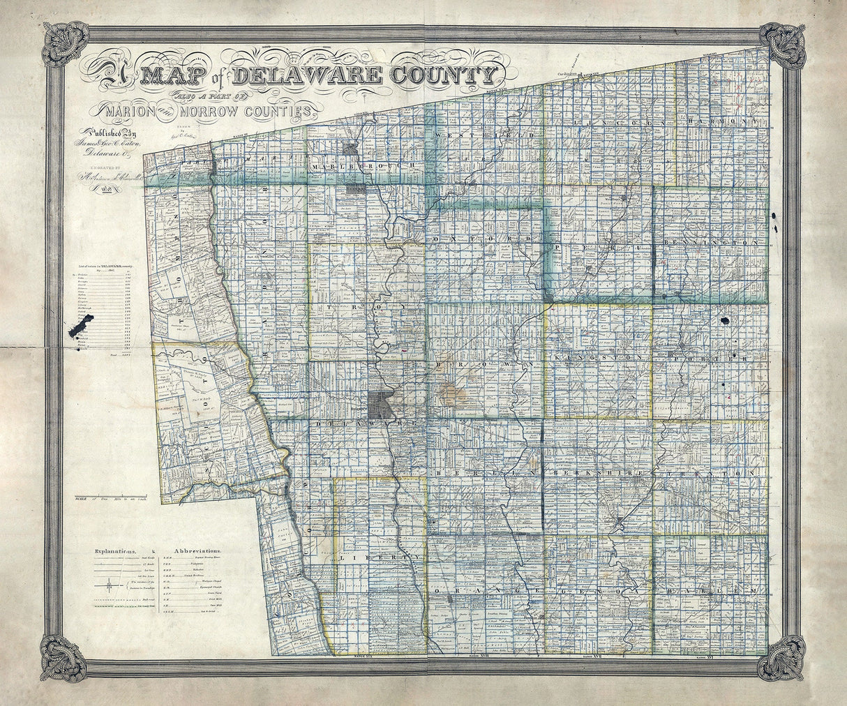 1849 Farm Line Map of Delaware County Ohio and Part of Marion and Morrow County