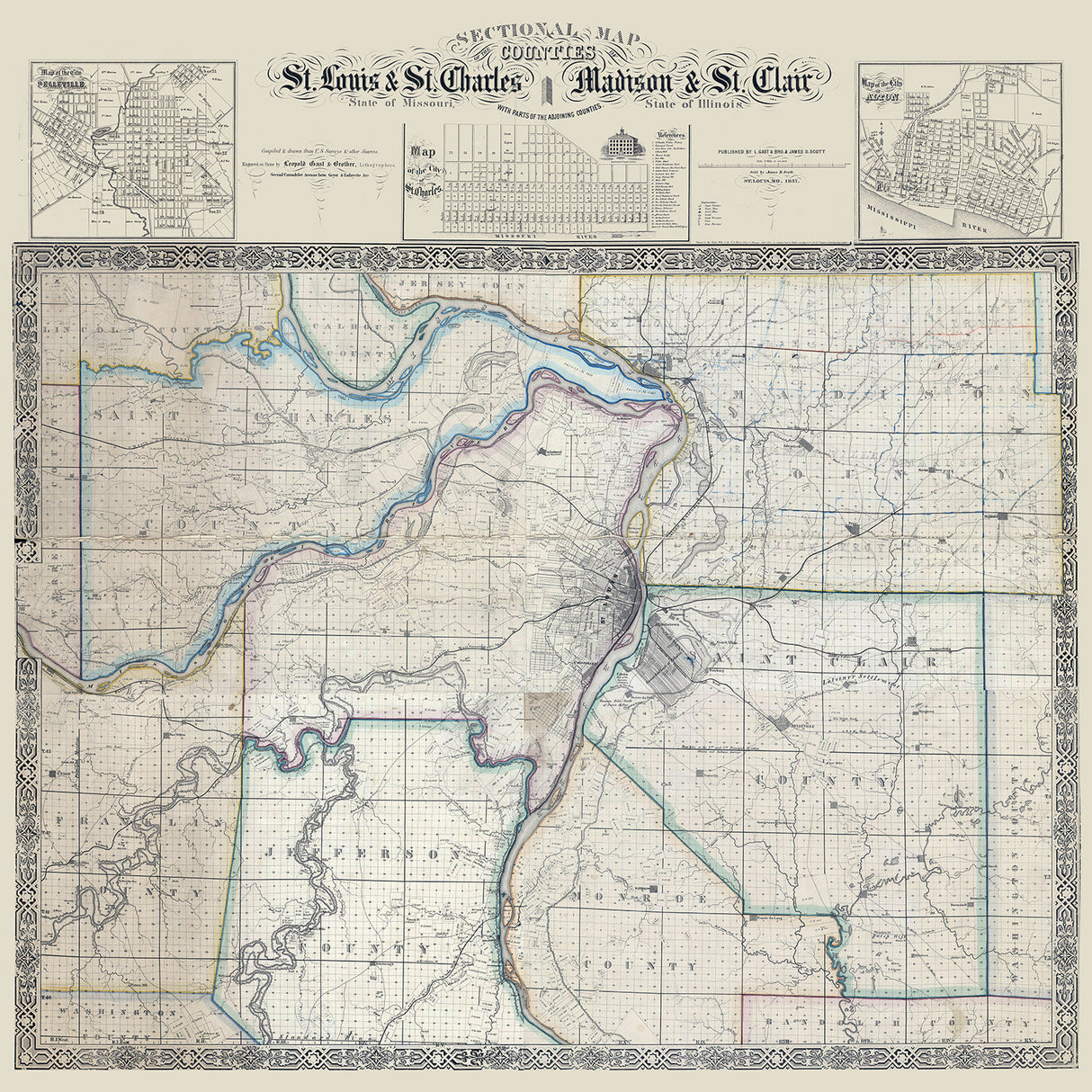1857 Map of St Louis and St Charles County Missouri and Adjoining Counties
