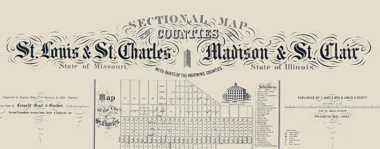 1857 Map of St Louis and St Charles County Missouri and Adjoining Counties