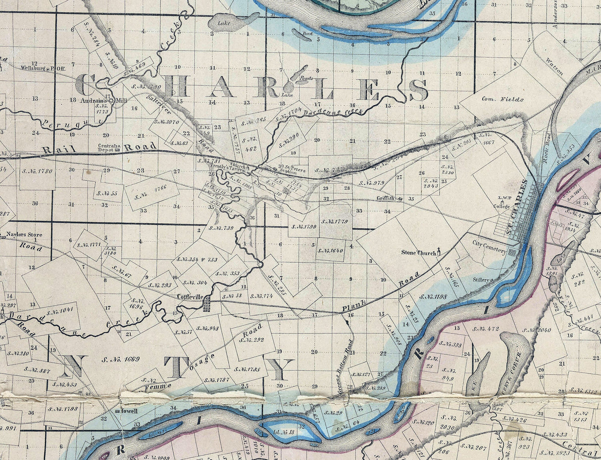 1857 Map of St Louis and St Charles County Missouri and Adjoining Counties