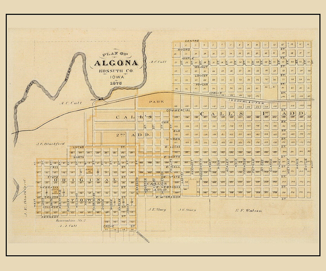 1875 Town Map of Algona Kossuth County Iowa