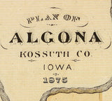 1875 Town Map of Algona Kossuth County Iowa