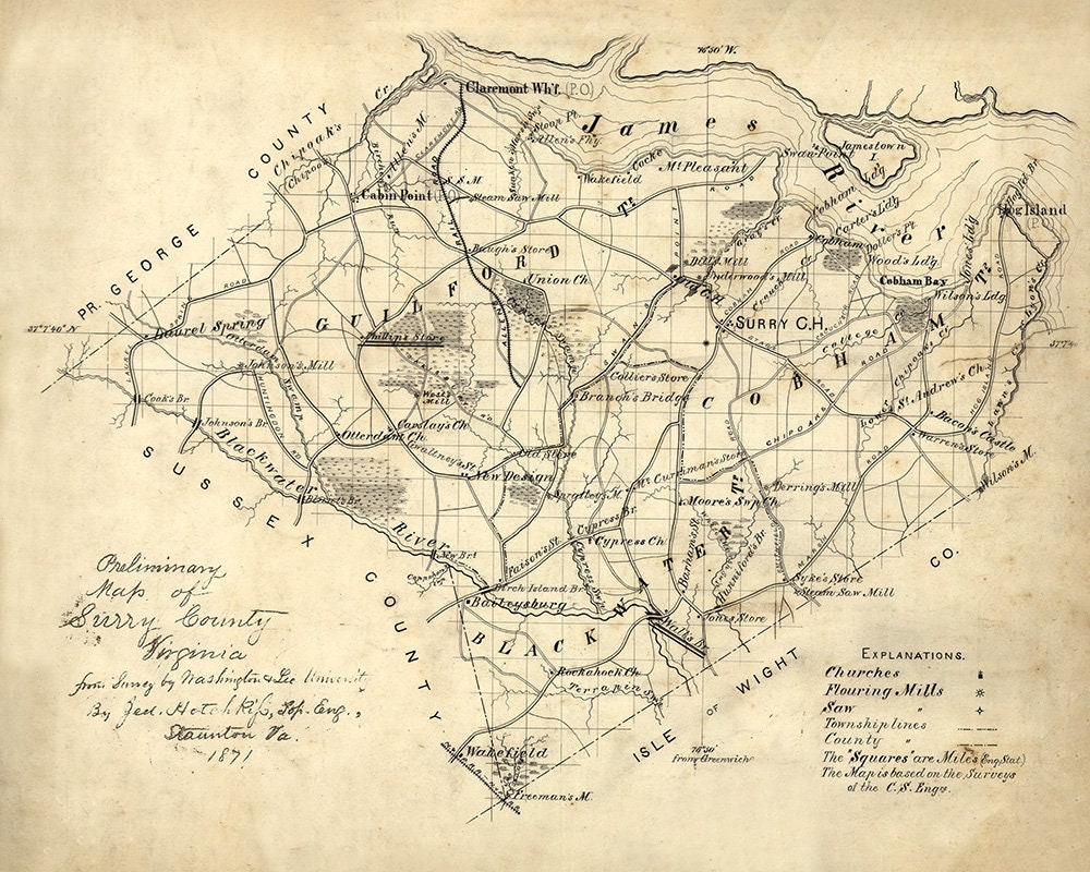 1871 Map of Surry County Virginia