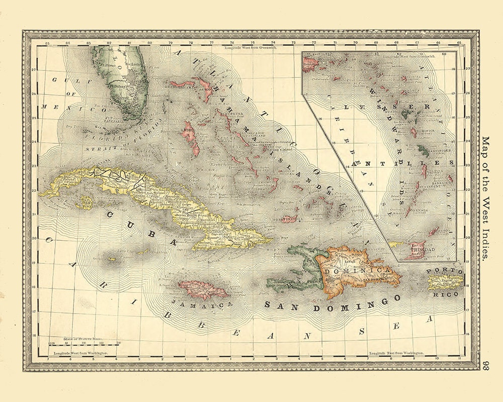 1881 Map of the West Indies Cuba Jamaica Puerto Rico