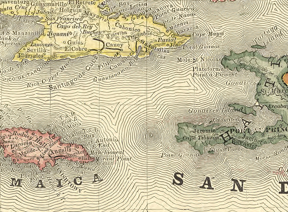 1881 Map of the West Indies Cuba Jamaica Puerto Rico