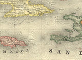 1881 Map of the West Indies Cuba Jamaica Puerto Rico