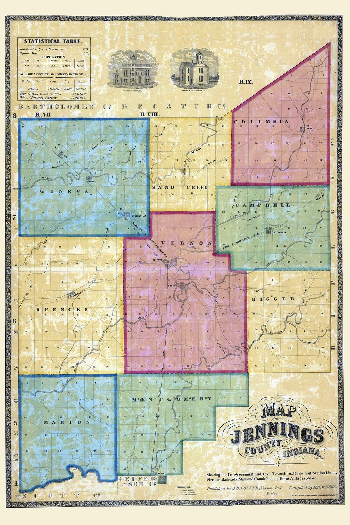 1859 Map of Jennings County Indiana