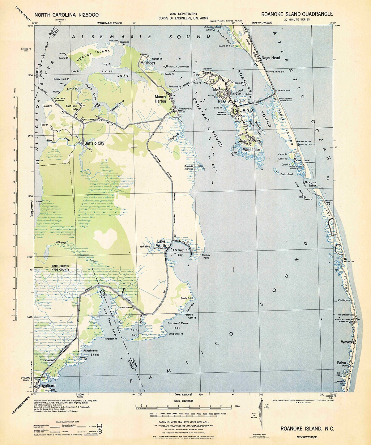 1943 Topo Map of Roanoke Island North Carolina