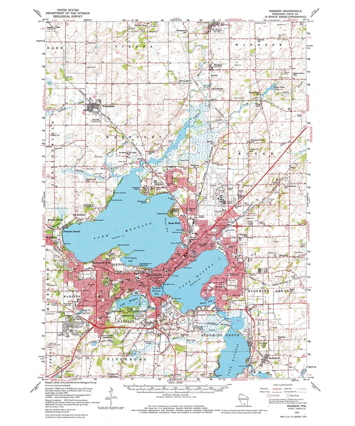 1959 Topo Map of Madison Wisconsin Quadrangle Lake Mendota Monona