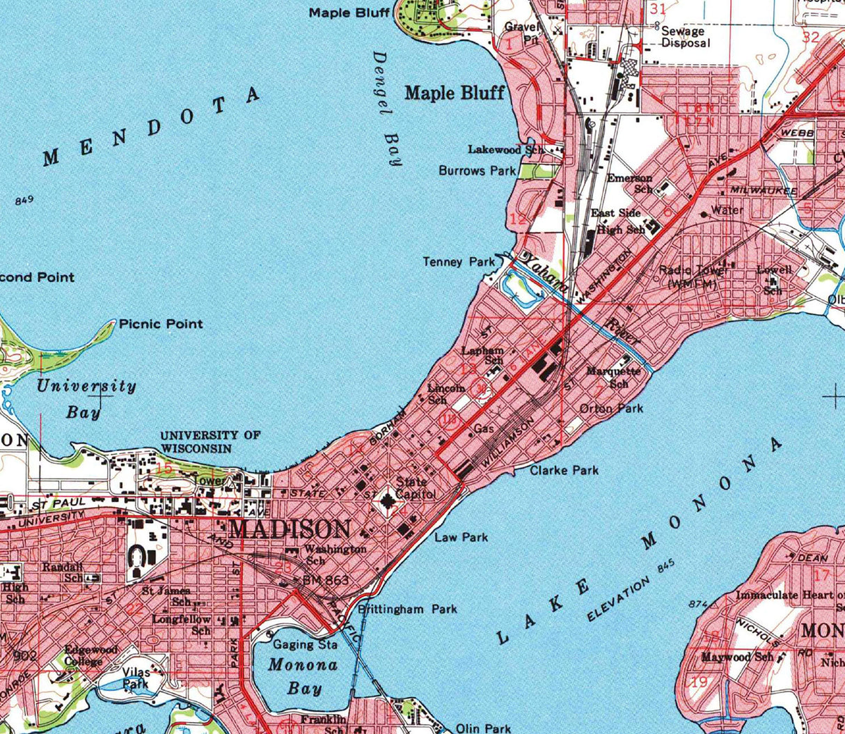 1959 Topo Map of Madison Wisconsin Quadrangle Lake Mendota Monona