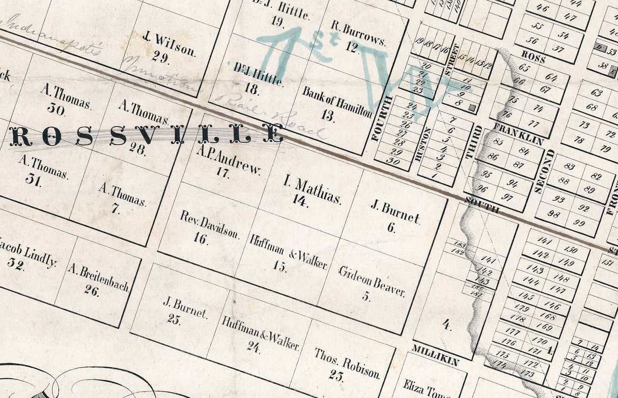 1849 Town Map of Hamilton and Rossville Butler County Ohio