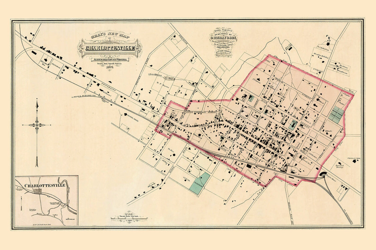 1877 Map of Charlottesville Albemarle County Virginia