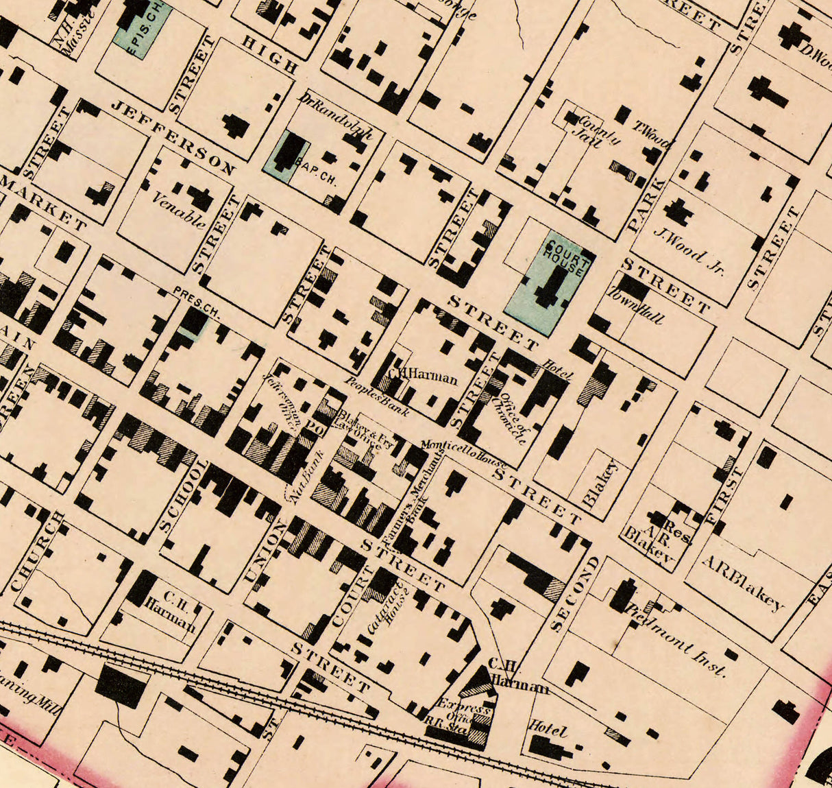 1877 Map of Charlottesville Albemarle County Virginia