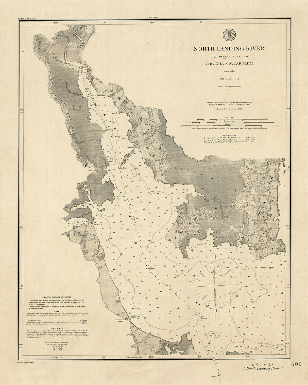 1882 Nautical Chart Currituck Sound Virginia North Carolina