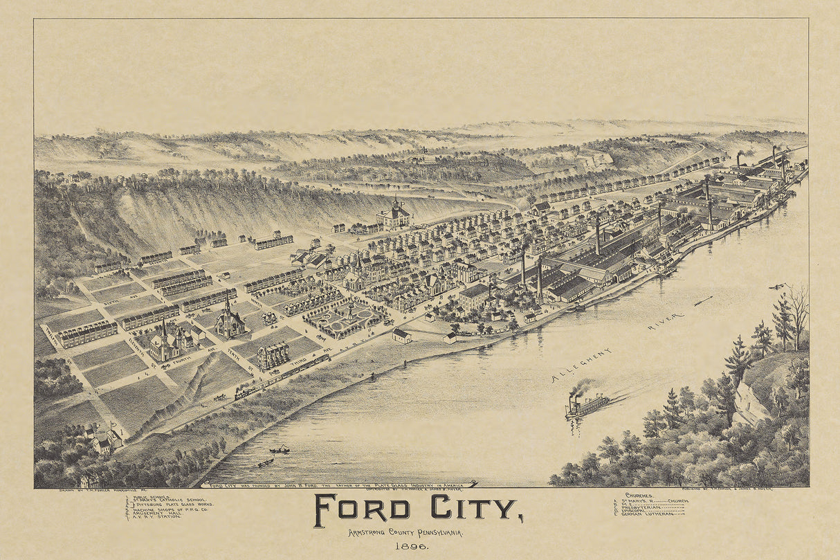 1896 Panoramic Map of Ford City Armstrong County Pennsylvania