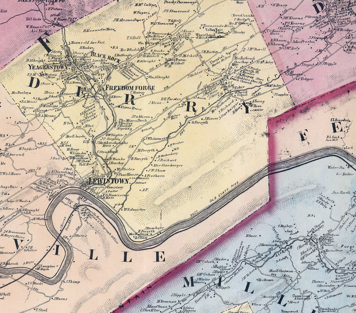 1863 Map of Perry Juniata and Mifflin County Pennsylvania
