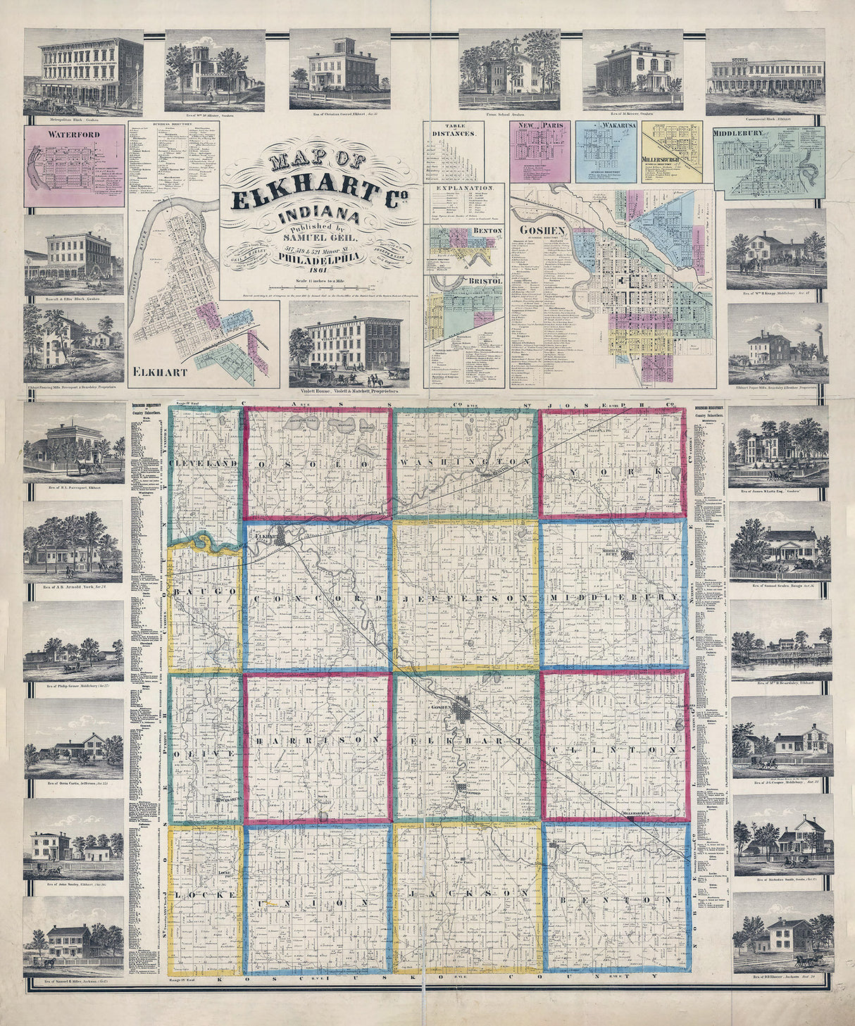 1863 Farm Line Map of Elkhart County Indiana