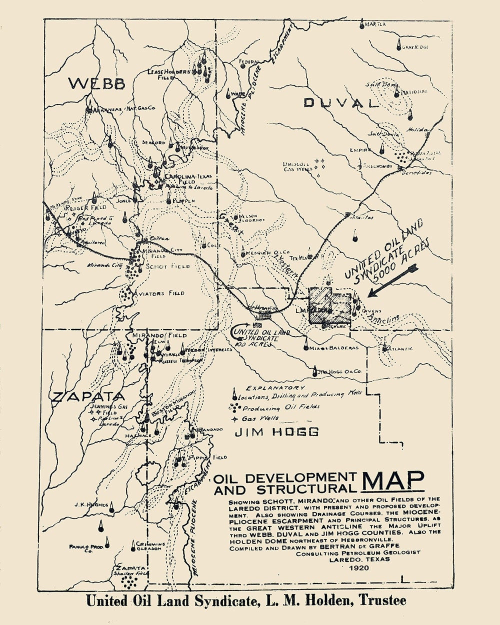 1920 Map of Laredo District Texas Oil Well Fields