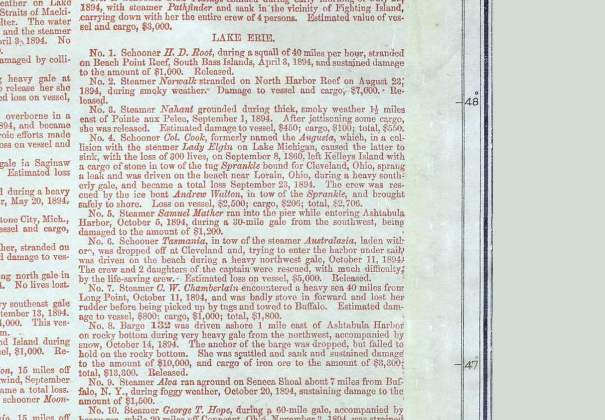 1894 Ship Wreck Map and Chart of The Great Lakes