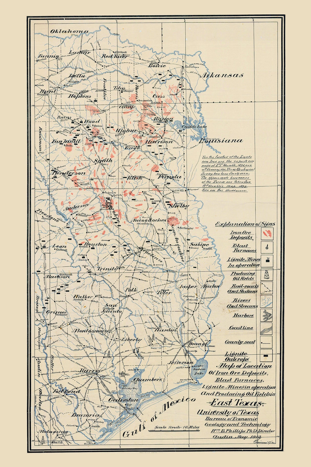 1912 Map of East Texas Oil Fields and Iron Ore Deposits