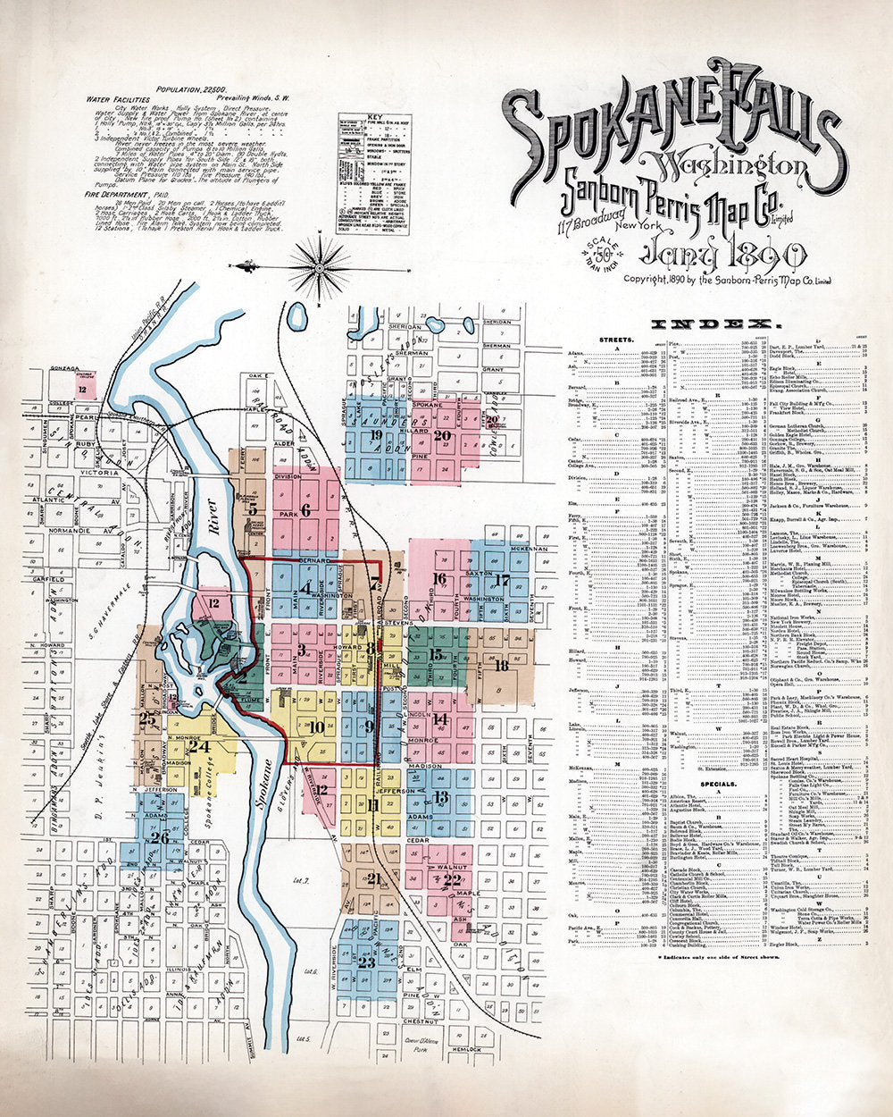 1890 Town Map of Spokane Spoke County Washington