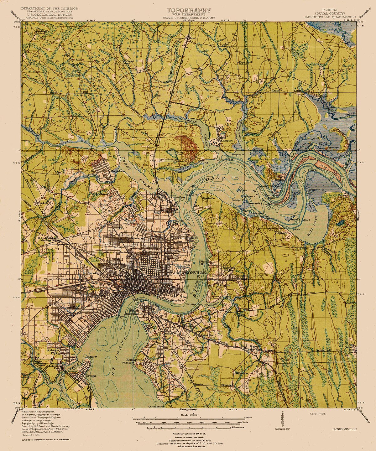 1918 Topo Map of Jacksonville Florida and Saint Johns River