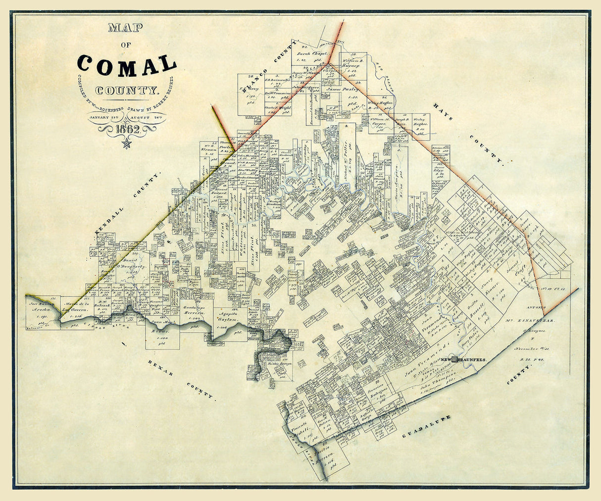 1862 Map of Comal County Texas