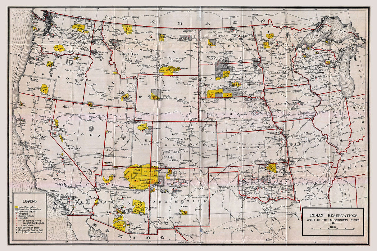 1920 Map of Indian Reservations West of the Mississippi River