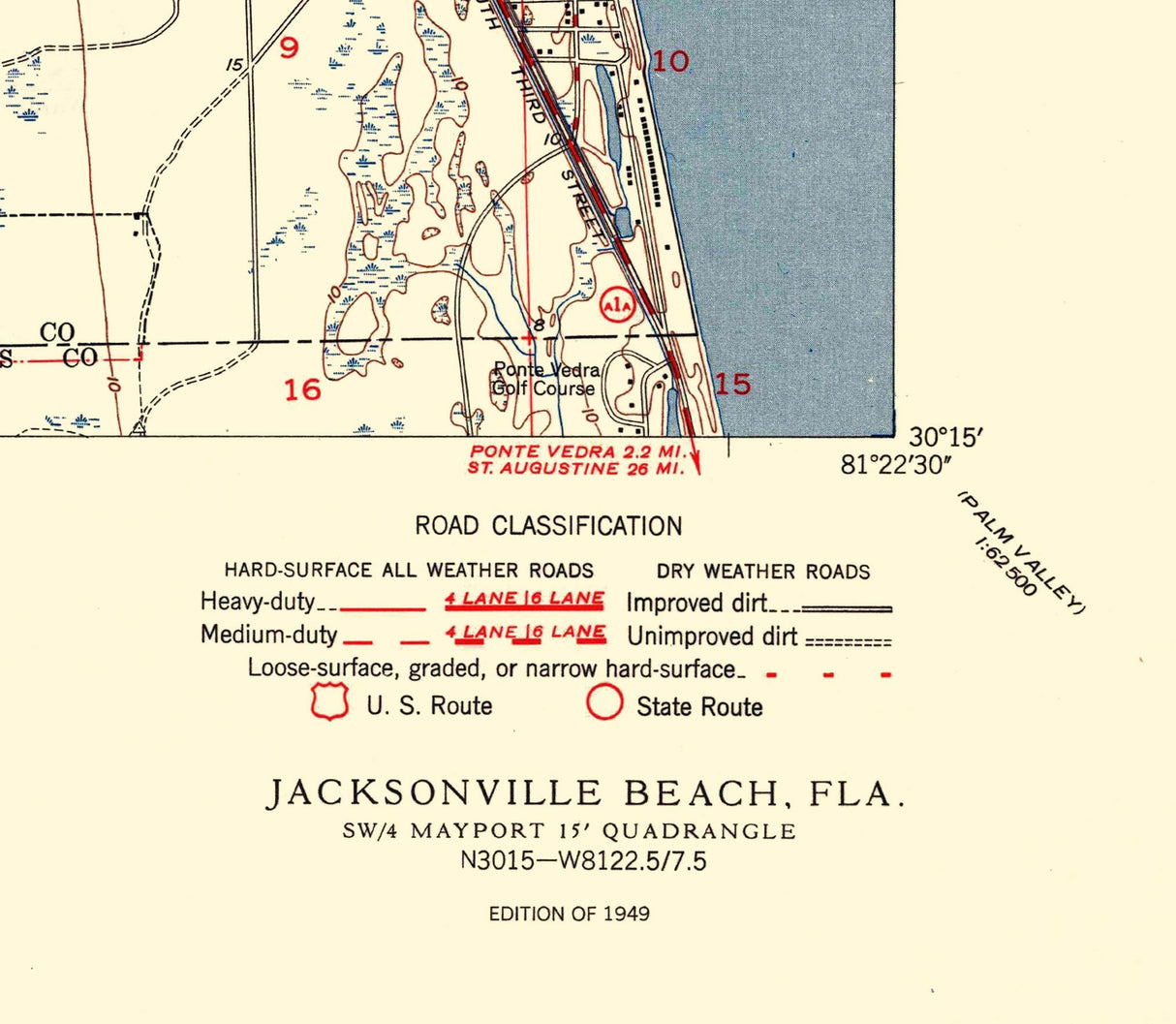 1949 Topo Map of Jacksonville Beach Florida