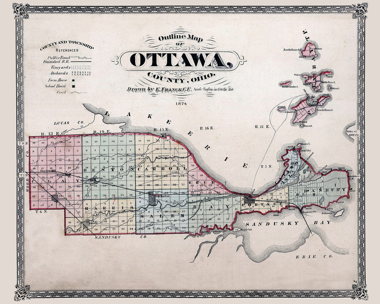 1874 Map of Ottawa County Ohio Lake Erie Islands