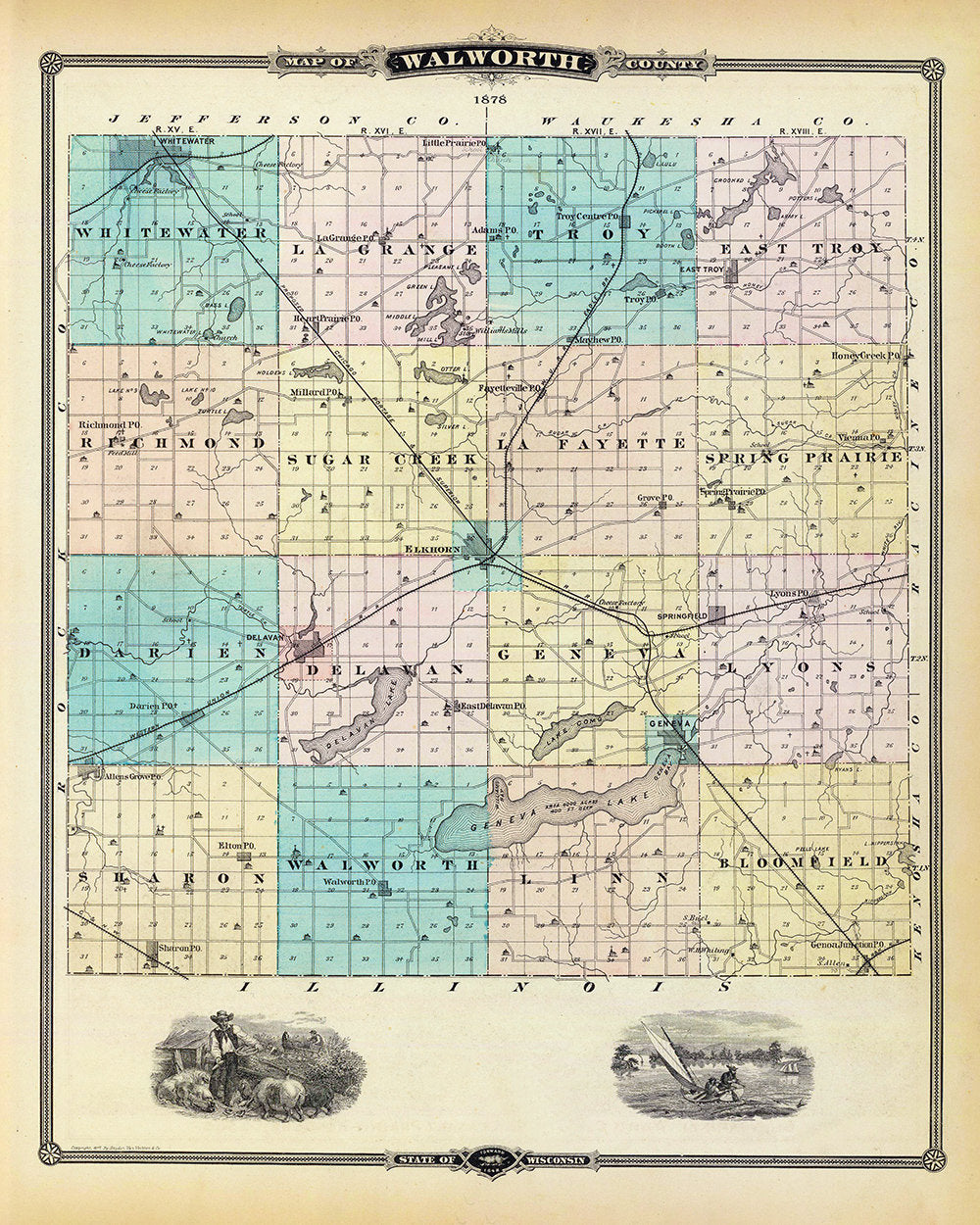 1878 Map of Walworth County Wisconsin